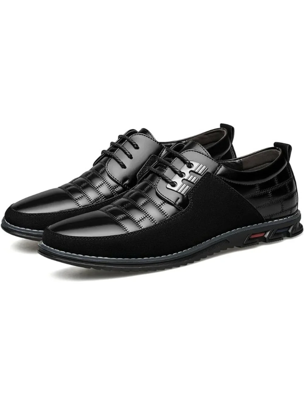 Men's Black Plaid Embossed Grid Leather Comfortable Hybrid Oxford Dress Sneakers